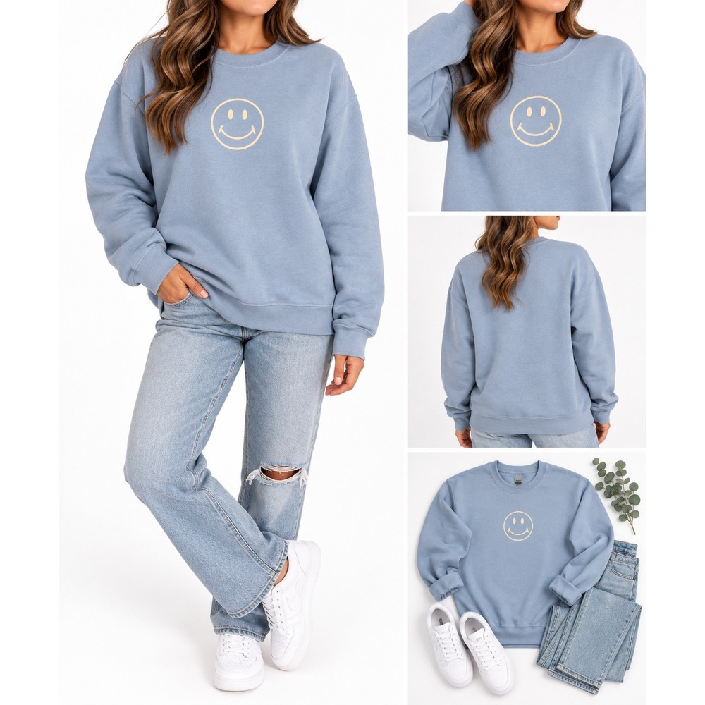 Gildan Women Smiley Face Graphic Sweatshirt Cotton Blend Casual Blue M